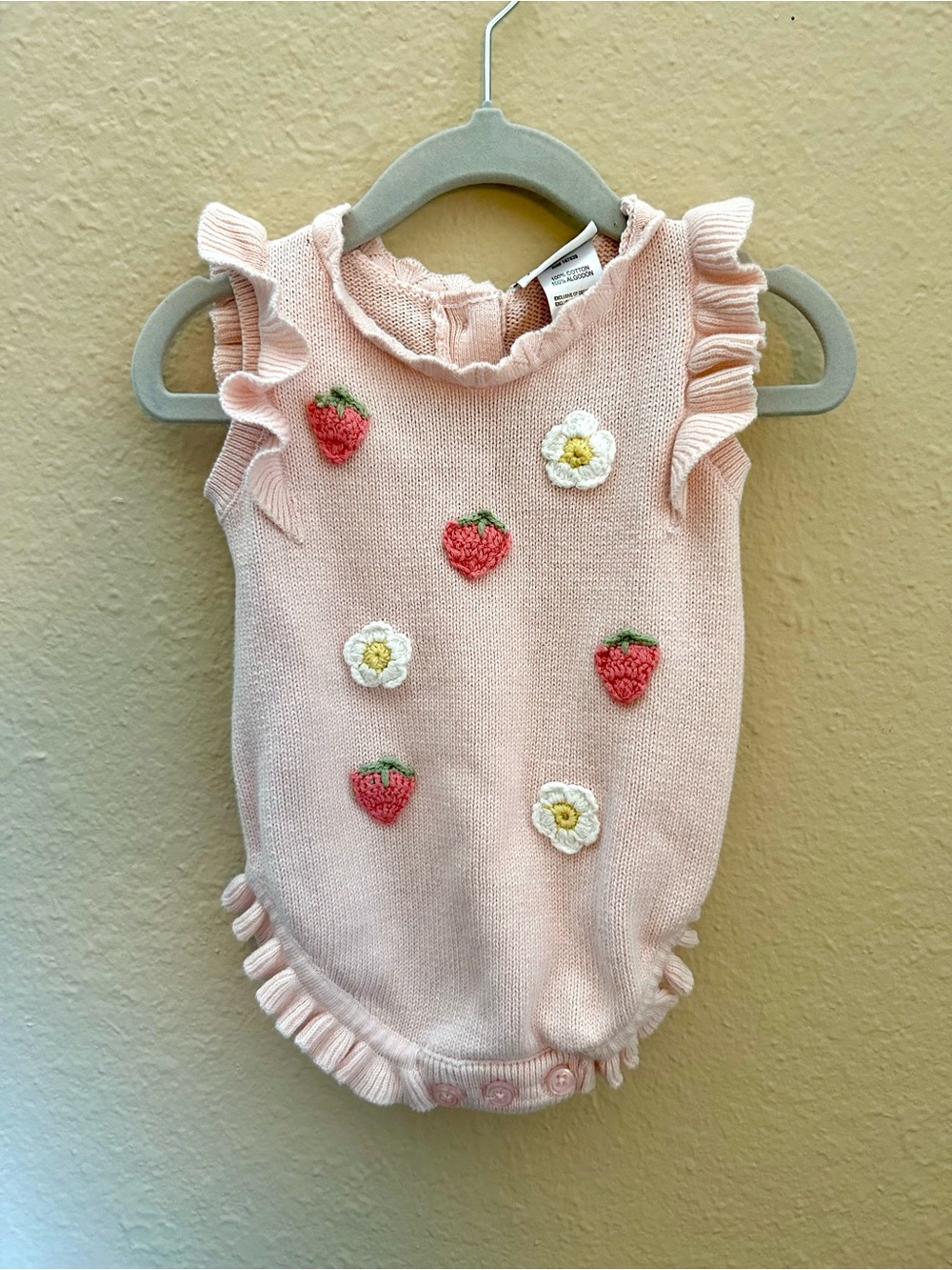 Nicole Miller Pink Knit Strawberry & Daisy Appliqué Baby Romper